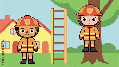 Two cartoon firefighters with a ladder and a house in the background