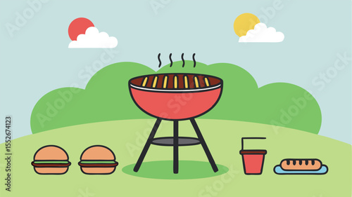 A red barbecue grill sits on a grassy hill with burgers and hotdogs for a picnic