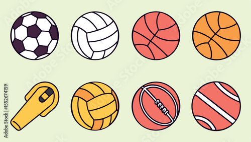 A collection of various sports balls and a whistle are displayed on a light background