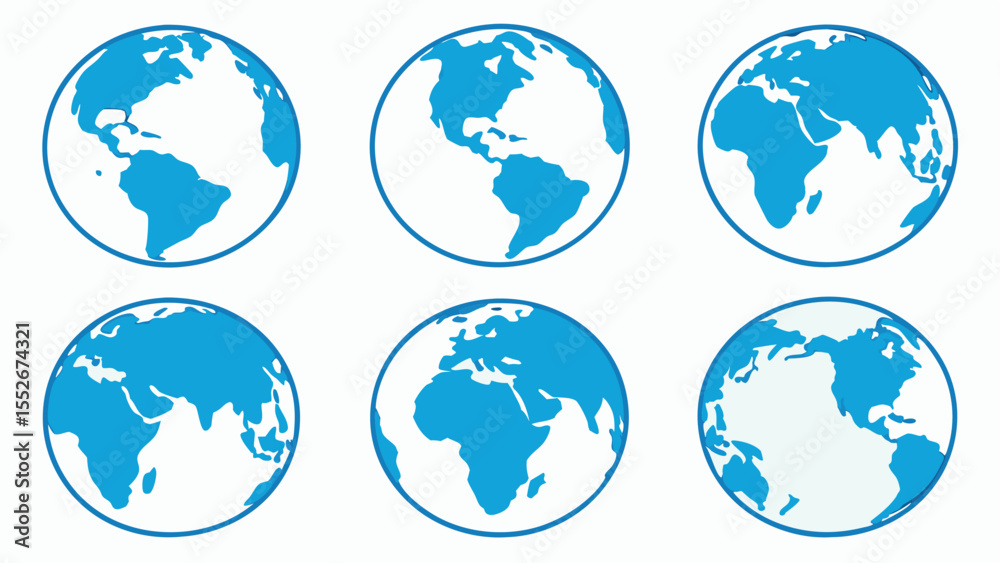 Six globes showing different continents isolated on white background