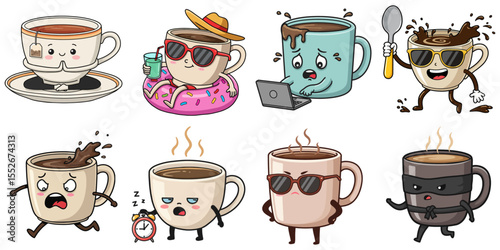 Cute Cartoon Coffee and Tea Mug Characters Set Illustrating Daily Emotions