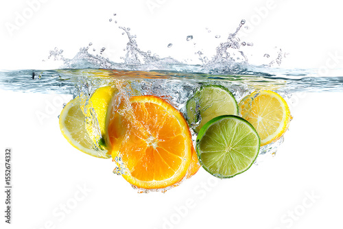 Fruit falling into water with splashes of lemon and lime, orange slices, photorealistic, high resolution.