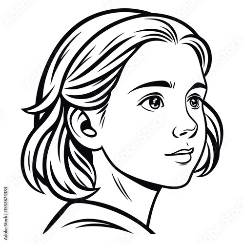 A young girls face is drawn in black and white with short wavy hair