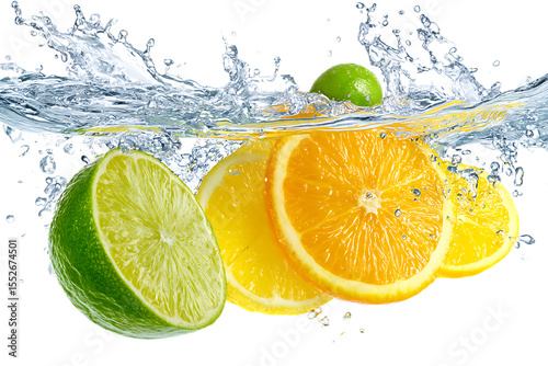Fruit falling into water with splashes of lemon and lime, orange slices, photorealistic, high resolution.