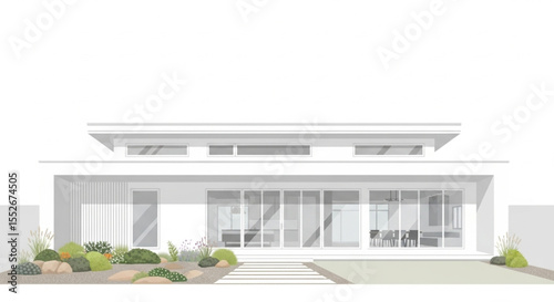Modern minimalist house architectural rendering, showcasing a single-story design with expansive windows and low-profile roofline, nestled in a simple landscape.