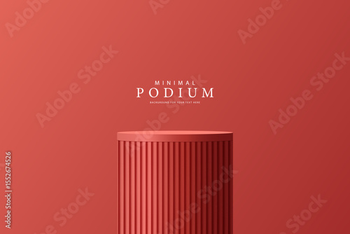 3D product Minimal display stand. Red color cylinder stand podium on a red background. Abstract geometric shapes in a simple design. Fashion stage mockup scene. Studio product display stand.