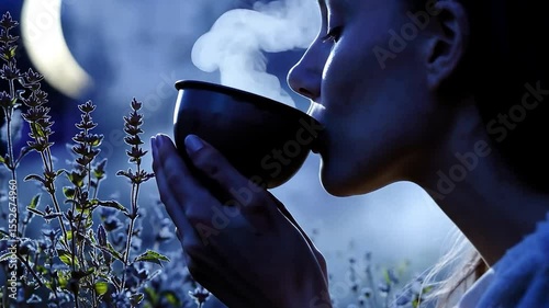 Woman drinking herbal tea at dusk