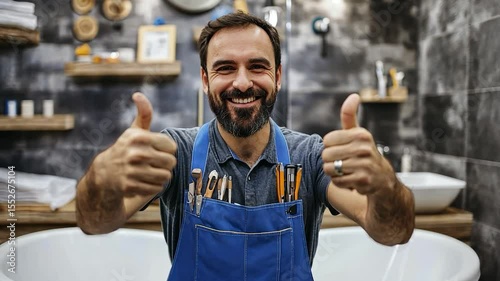 Happy handyman in bathroom giving thumbs up