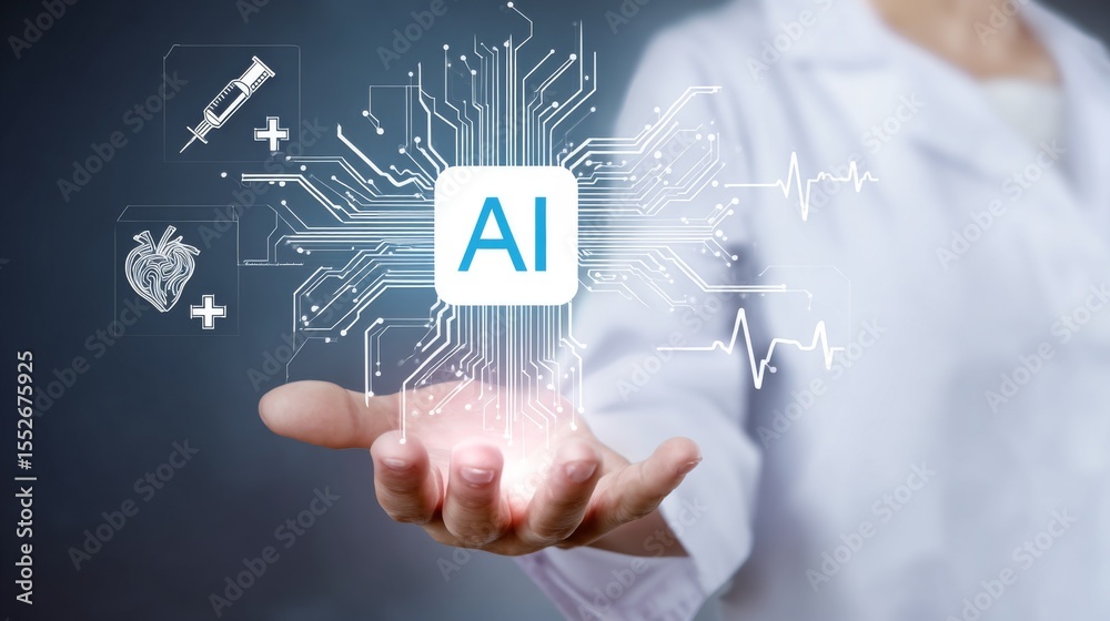 Fototapeta premium Medical professional presenting glowing AI chip in hand with futuristic healthcare icons circuit lines, symbolizing artificial intelligence integration in modern medicine and digital health innovation