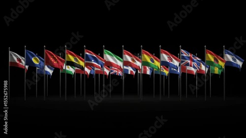 International Flags Display Waving in the Wind on Black Background with Global Unity Concept