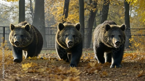 Three bears walk through a park in autumn