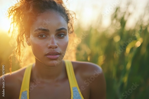 Oversized woman tired after exercising outdoors, taking a moment to catch her breath after an intense and rewarding workout in nature, Generative AI