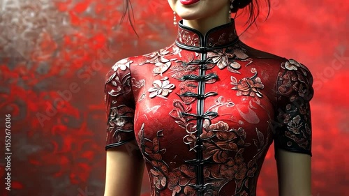 Close-up of a woman's red floral embroidered traditional Chinese dress