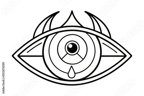 Abstract Eye with Horns and a Tear Drop in Black and White Line Art