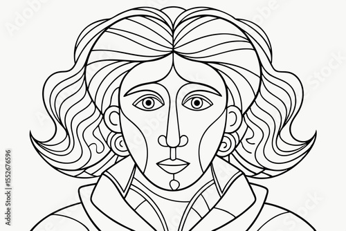 Elegant Line Art Portrait of a Person with Wavy Hair and Geometric Features black