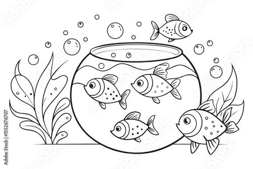 Black and White Illustration of a Fishbowl with Goldfish Bubbles and Aquatic Plants charming