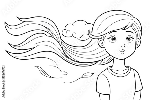 Line Art Illustration of a Girl with Flowing Hair and Cloud like Shapes in the Background