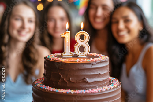 Chocolate birthday cake with golden “18” candle. Celebration scene marks the milestone of adulthood in many countries.