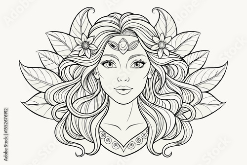 Detailed Line Art of a Beautiful Woman with Flowers and Leaves for Coloring Book