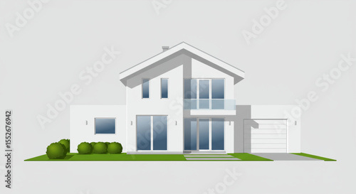 A modern, white two-story house with a garage and landscaping elements.