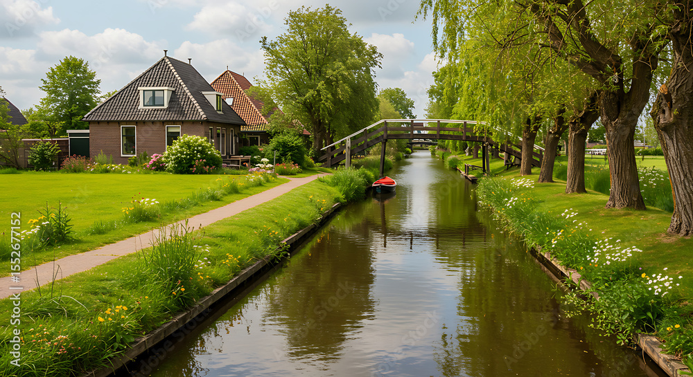 Fototapeta premium Picturesque Dutch village canal scene with traditional houses, lush greenery, and a wooden footbridge.
