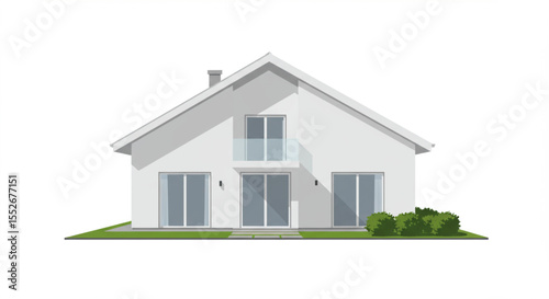Front view of a modern, single-story house design, featuring a balcony and patio.