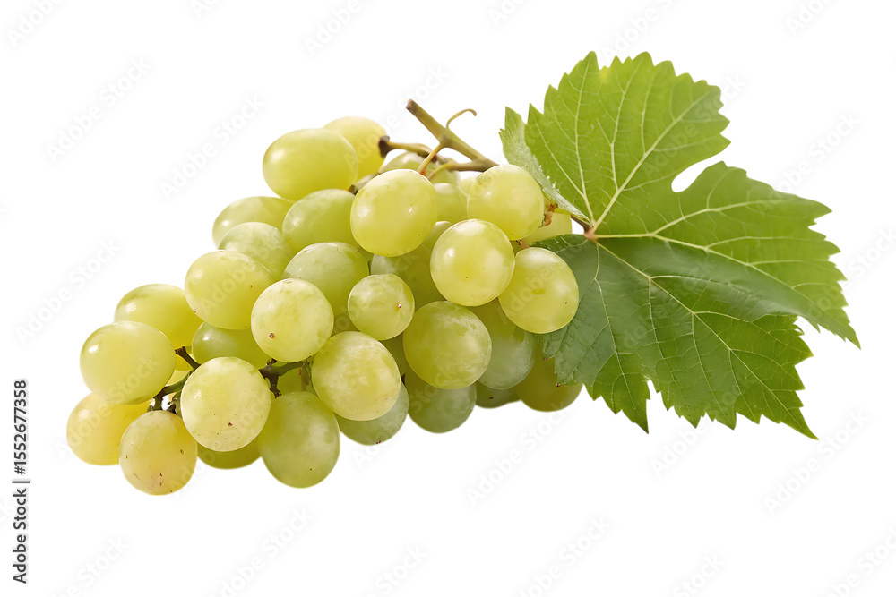 Obraz premium Fresh green grapes with leaf isolated on transparent background