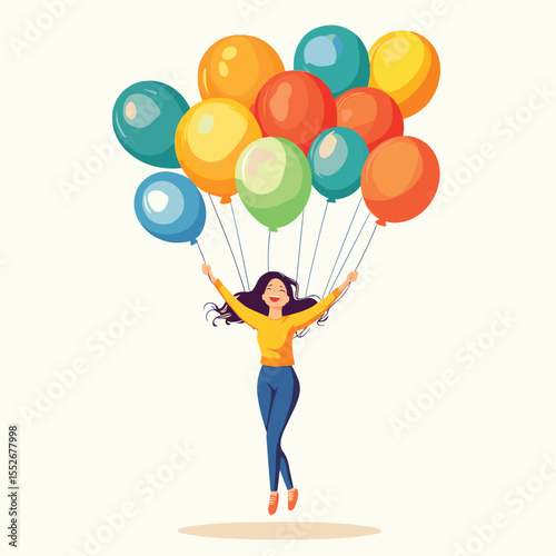 Happy person flying with balloons