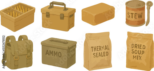 Military Ammo Boxes and Survival Food Rations in Colorful Loose Watercolor Style Tactical War Supplies and Emergency Gear Illustration | Generative AI