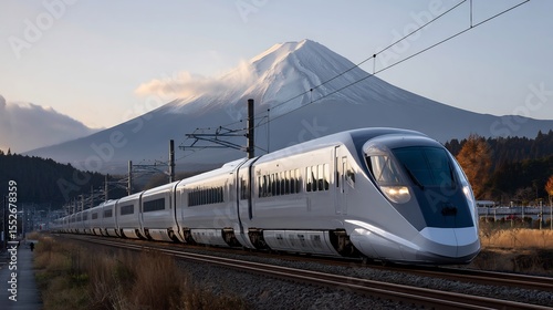 Shinkansen bullet train with Mount Fuji in the background on a clear day