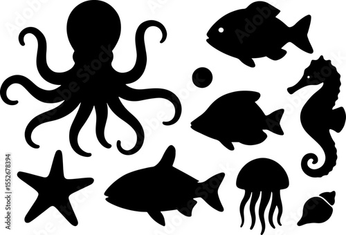  Octopus with Trident and Fish Silhouette vector