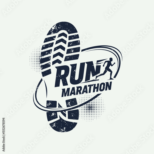 grunge style marathon running shoe print graphic with runner silhouette and motion lines