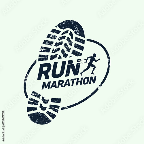 vintage style marathon running logo with shoe print and runner silhouette design