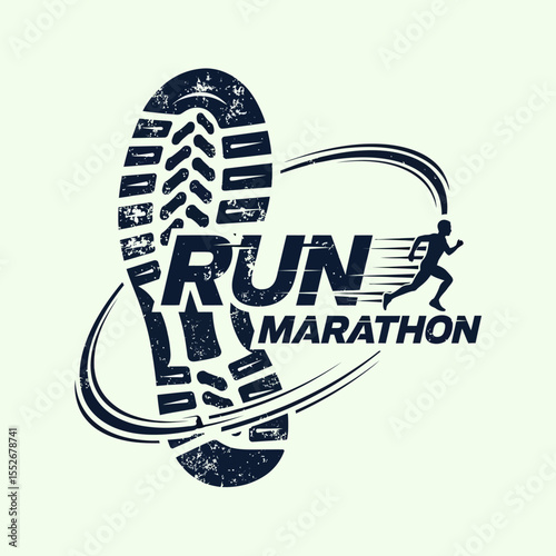Dynamic marathon running logo with shoe print and running figure in motion