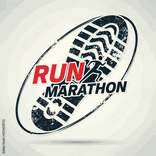 Creative running marathon logo design with shoe print and dynamic runner figure illustration