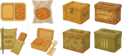 Military Ammo Boxes and Survival Food Rations in Colorful Loose Watercolor Style Tactical War Supplies and Emergency Gear Illustration | Generative AI