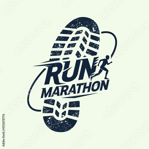 Dynamic marathon running logo with shoe sole print and running figure in motion