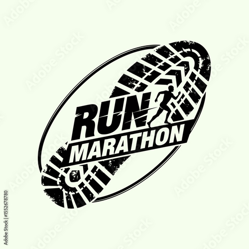 Black and white abstract design of a marathon running shoe print with text and runner silhouette