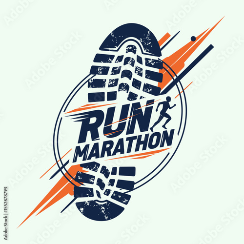 dynamic marathon running event logo with shoe print and athlete silhouette design