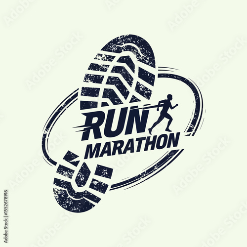 Creative grunge style marathon running themed graphic with shoe tread and runner silhouette