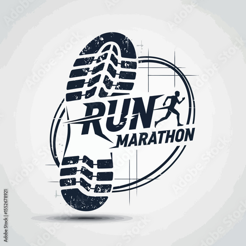 Dynamic marathon running logo with shoeprint and motion graphic symbolizing speed and endurance
