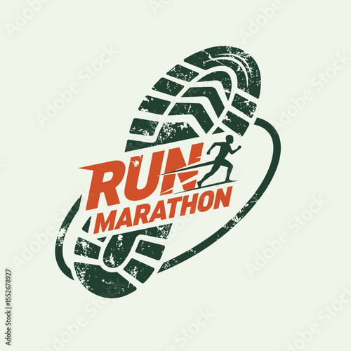 Graphic design of a marathon running shoe print with a running figure and bold text