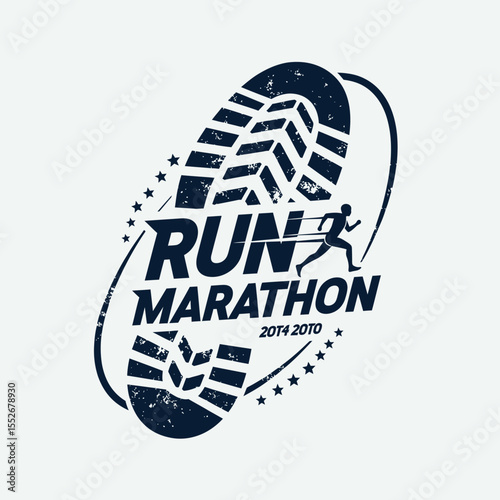 stylized marathon running logo with shoe print and runner silhouette design showing motion and challenge