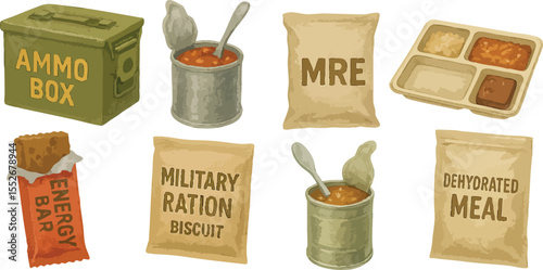 Military Ammo Boxes and Survival Food Rations in Colorful Loose Watercolor Style Tactical War Supplies and Emergency Gear Illustration | Generative AI