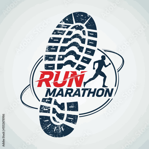 Dynamic marathon running concept with grunge shoe sole and athlete silhouette in motion