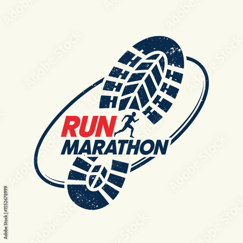 Graphic design of a marathon running shoe print with dynamic movement and text emphasizing running