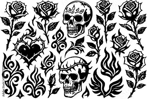Skulls, Roses, and Tribal Tattoo Elements Set Tattoo Flash Elements Vector Bundle