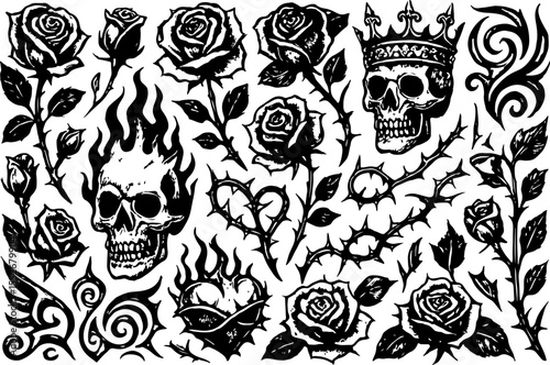 Skulls, Roses, and Tribal Tattoo Elements Set Tattoo Flash Elements Vector Bundle
