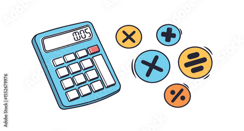 Calculator icon with keypad on blue background related to business finance and technology.