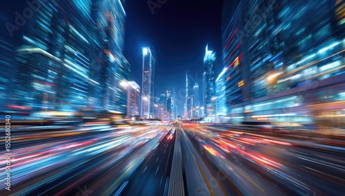 Fast-paced city street at night, vibrant light streaks